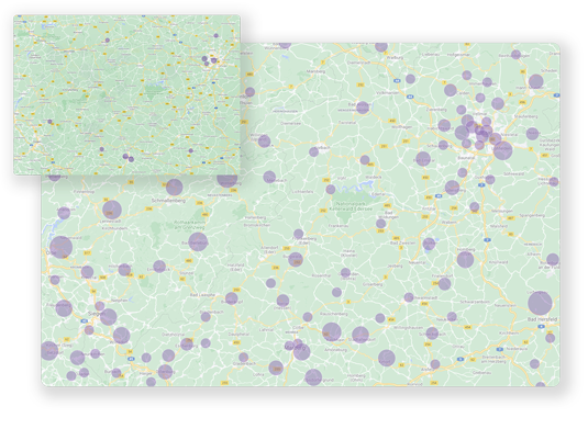 Landkarte mit Darstellung von Verkaufsgebieten in Form von unterschiedlich großen Kreisen