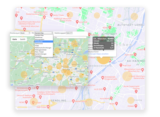 Landkarte mit Ausschnitt von München und Darstellung von interessanten Einzelhandelsgeschäften